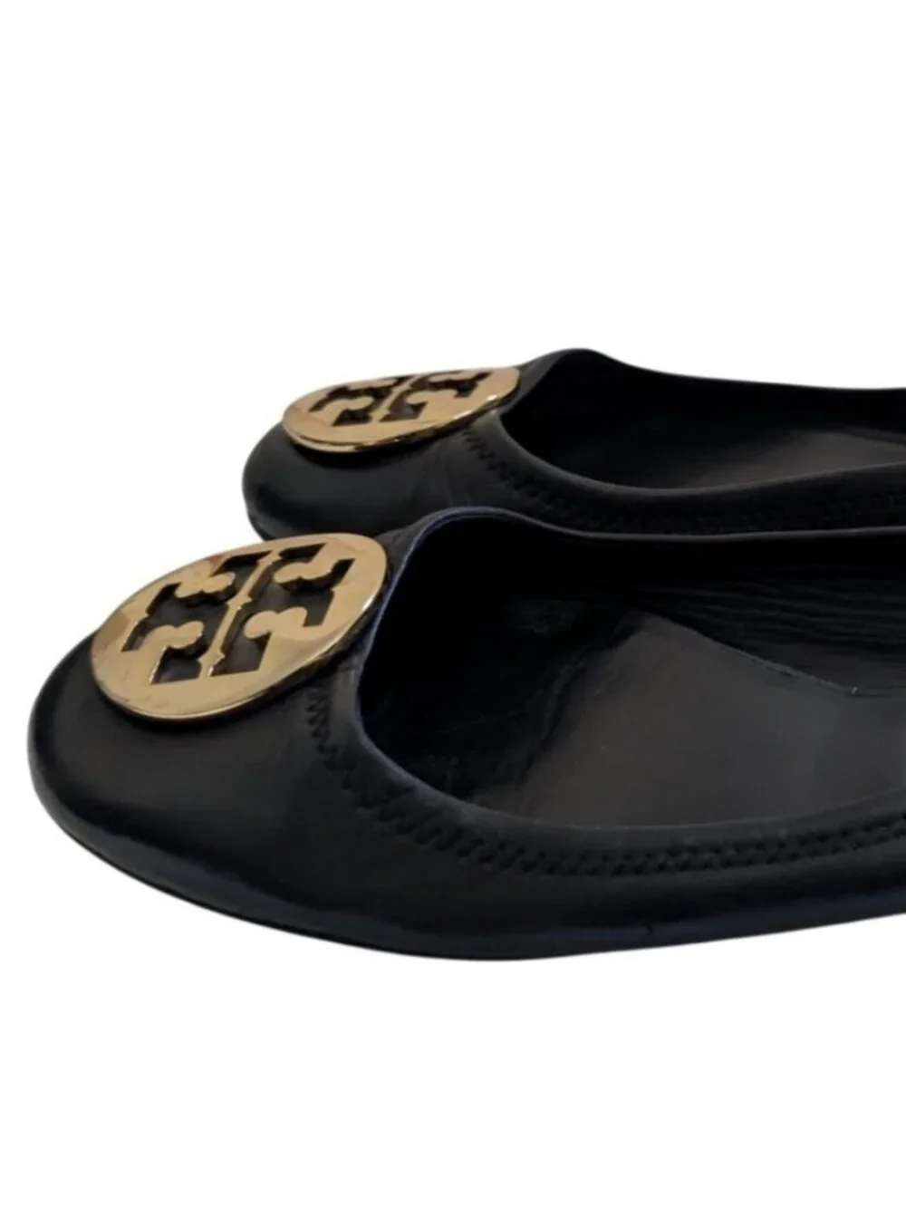 Tory Burch Black Leather Minnie Travel Ballet Flats Gold Logo Womens Size 12